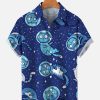 Men DJ Shirts | Men'S Space Cat Print Casual Short Sleeve Hawaiian Shirt Navy