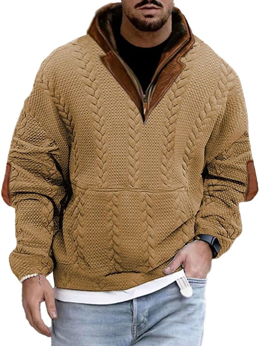 Men BXL Casual Hoodie | Men'S Casual Wheat Suede Patchwork Kangaroo Pocket Hoodie Khaki