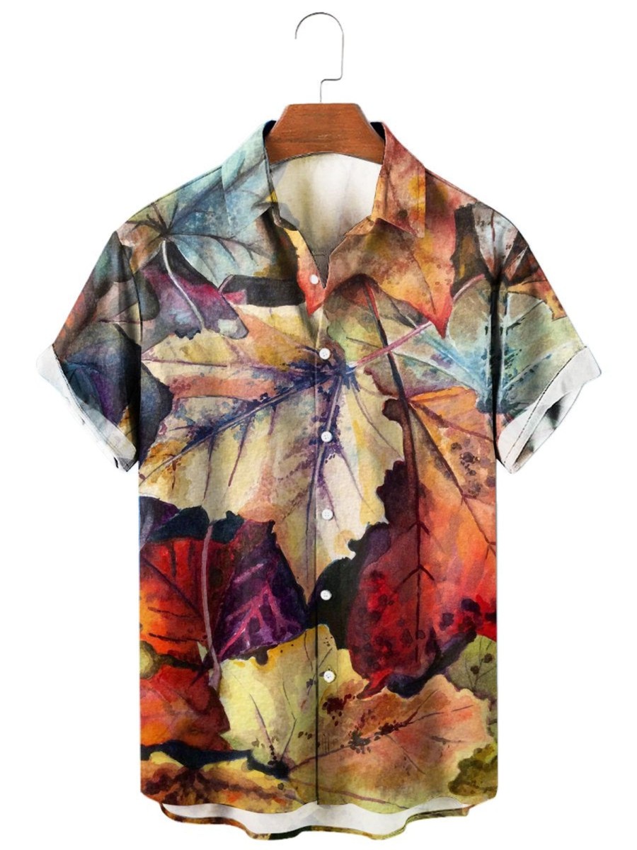 Men HLJ Shirts | Autumn Leaves Print Casual Short Sleeve Shirt Polychromatic