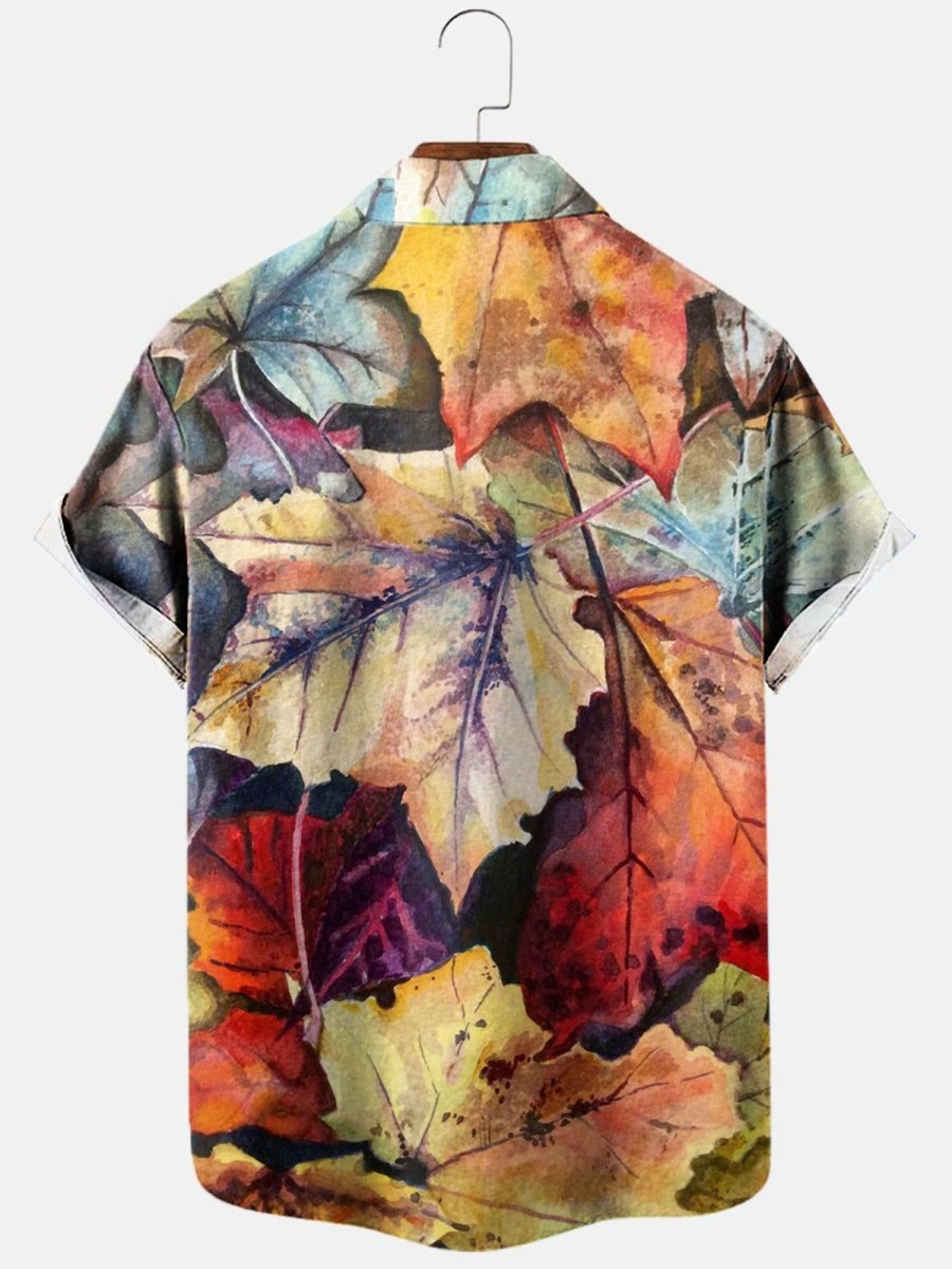 Men HLJ Shirts | Autumn Leaves Print Casual Short Sleeve Shirt Polychromatic