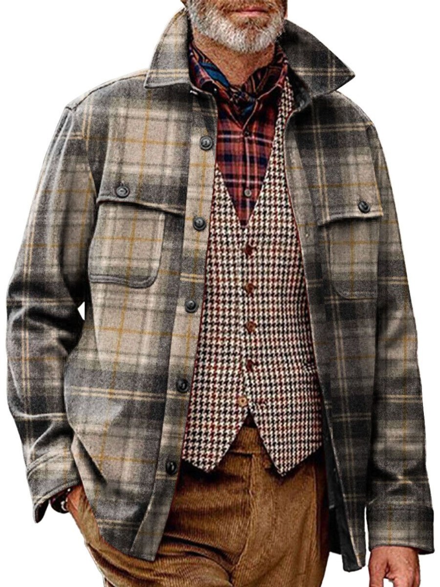 Men BXL Print Jacket | Men'S Casual Retro Check Print Single Breasted Pocket Jacket 06104192Xl Khaki