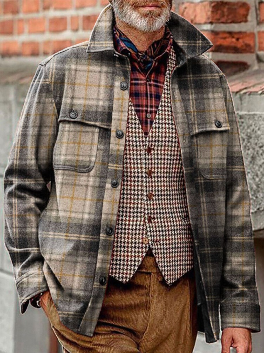 Men BXL Print Jacket | Men'S Casual Retro Check Print Single Breasted Pocket Jacket 06104192Xl Khaki