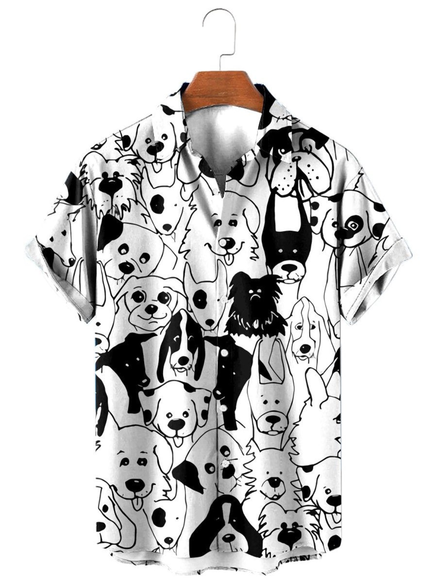 Men HLJ Shirts | Men'S Vacation Casual Cute Dog Print Short Sleeve Shirt White