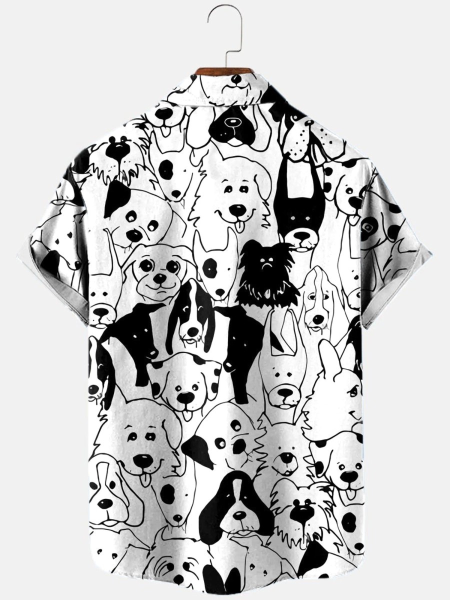 Men HLJ Shirts | Men'S Vacation Casual Cute Dog Print Short Sleeve Shirt White