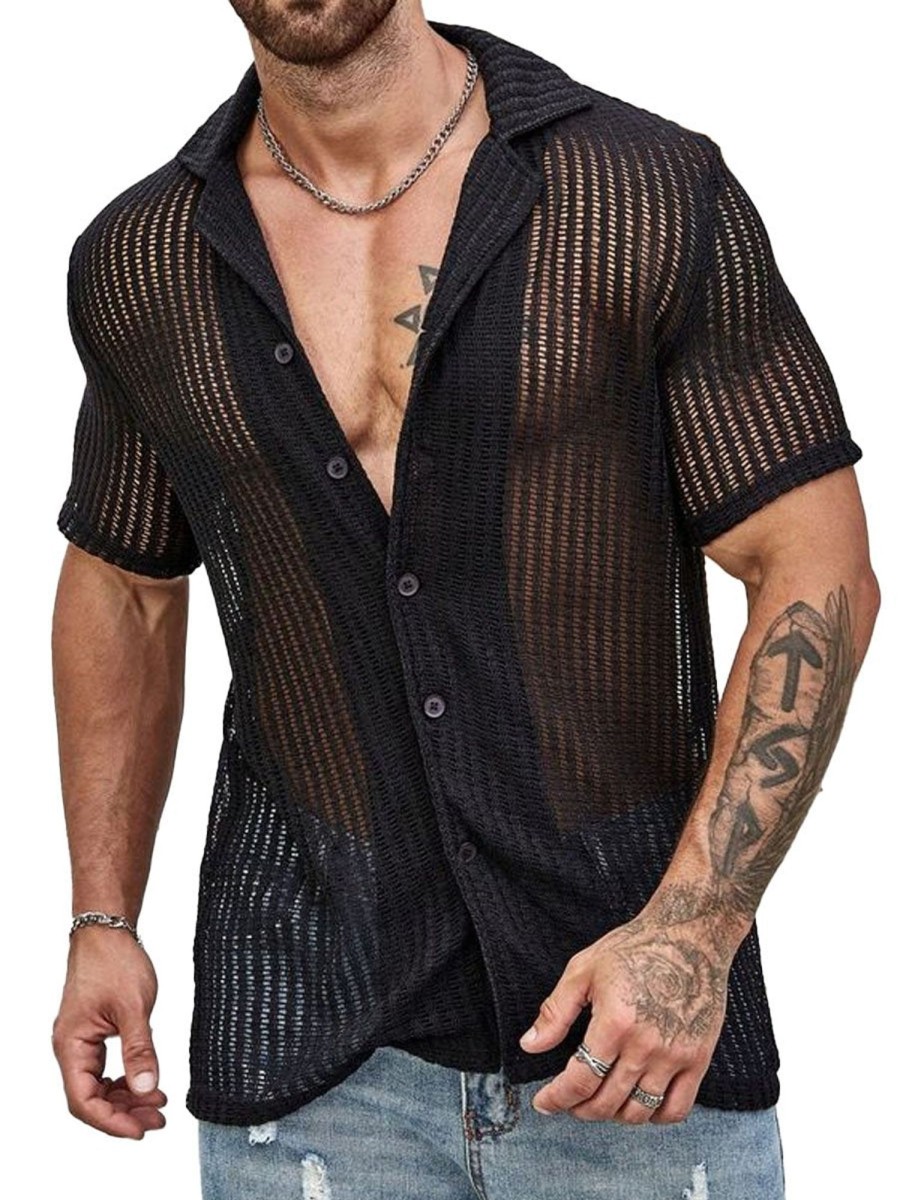 Men DJ Casual Short Sleeve Shirts | Lapel Sexy Single Breasted Casual Short Sleeve Shirt Black