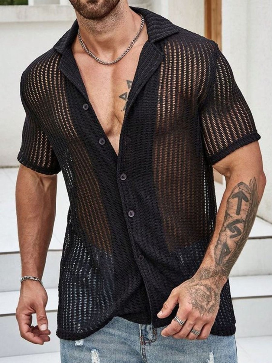 Men DJ Casual Short Sleeve Shirts | Lapel Sexy Single Breasted Casual Short Sleeve Shirt Black