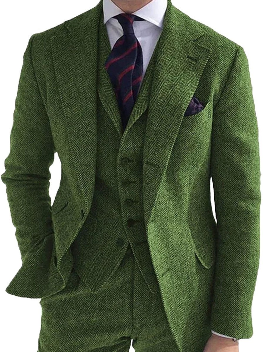 Men BXL Jacket | Men'S Herringbone Double-Sided Tweed Casual Blazer Green