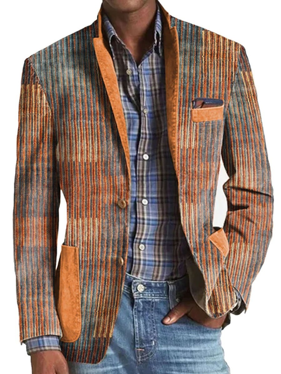 Men BXL Print Jacket | Men'S Gradient Stripe Print Casual Multi-Pocket Blazer Orange