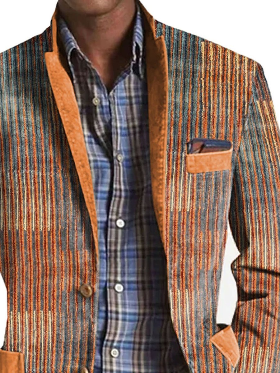 Men BXL Print Jacket | Men'S Gradient Stripe Print Casual Multi-Pocket Blazer Orange