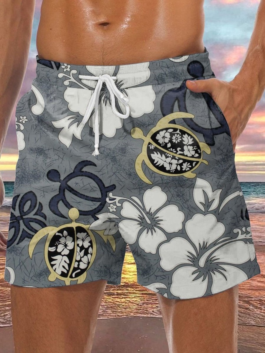 Men HLJ Shorts | Tropical Hibiscus Drawstring Board Shorts Grey