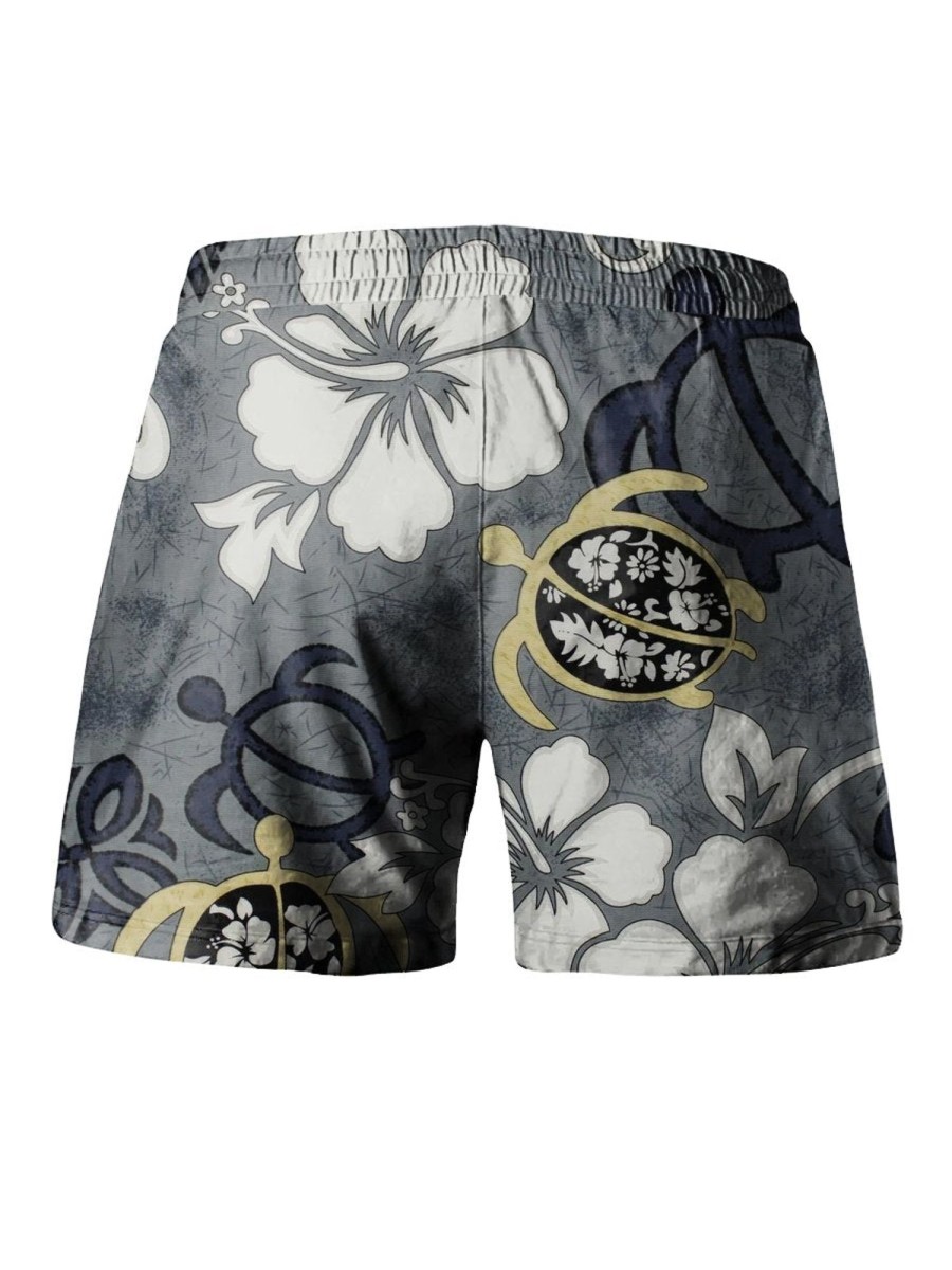 Men HLJ Shorts | Tropical Hibiscus Drawstring Board Shorts Grey