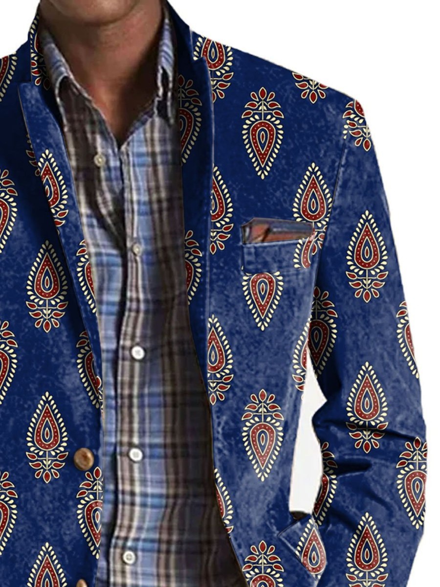 Men BXL Print Jacket | Men'S Vintage Pellis Print Pocket Casual Blazer Royal Blue