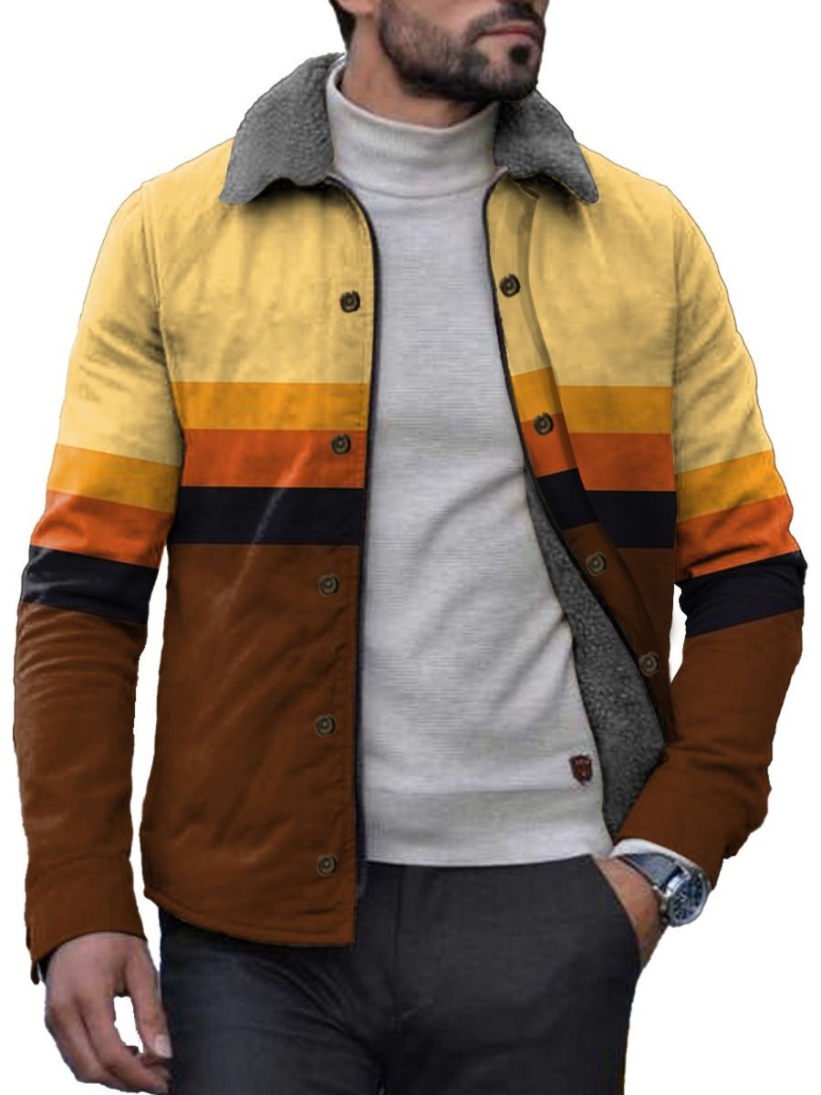 Men DJ Print Jacket | Retro Multi-Color Gradient Stripe Print Plus Velvet Lapel Warm Jacket Photo Color