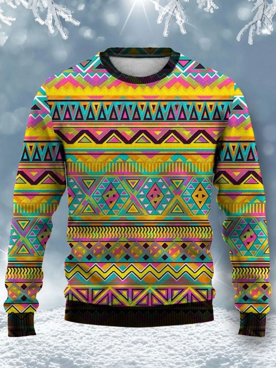 Men GYJ Ugly Sweater | Geometric Print Crew Neck Sweatshirt Yellow