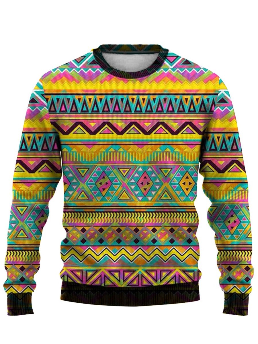 Men GYJ Ugly Sweater | Geometric Print Crew Neck Sweatshirt Yellow