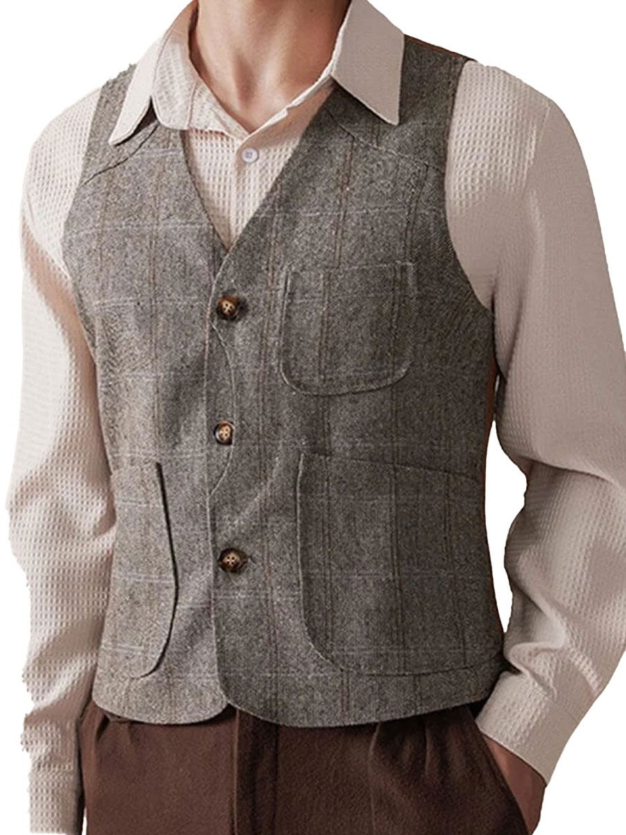 Men TH Vest | Men'S Vintage Plaid Splicing Tweed Vest Gray