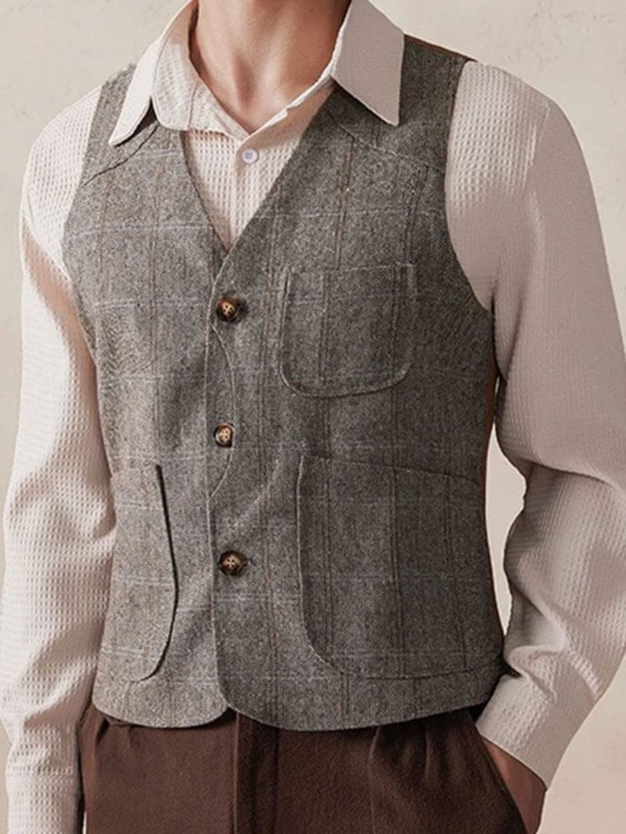 Men TH Vest | Men'S Vintage Plaid Splicing Tweed Vest Gray