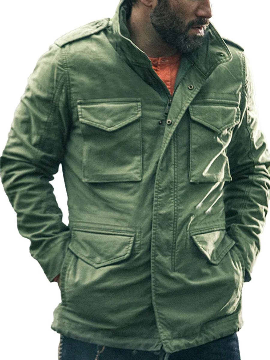 Men BXL Jacket | Vintage Multi-Pocket Solid Color Cotton Twill Zipper Stand Collar Casual Jacket Green