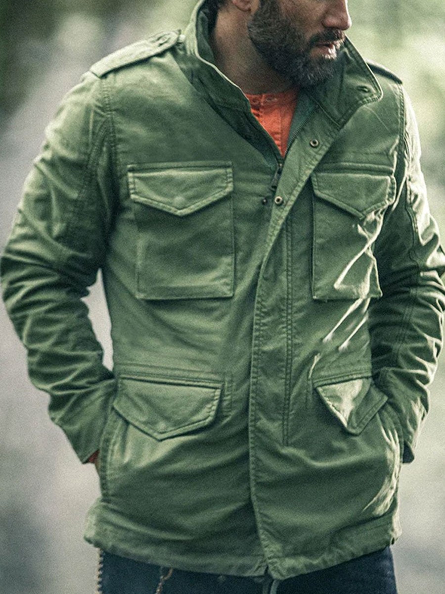 Men BXL Jacket | Vintage Multi-Pocket Solid Color Cotton Twill Zipper Stand Collar Casual Jacket Green