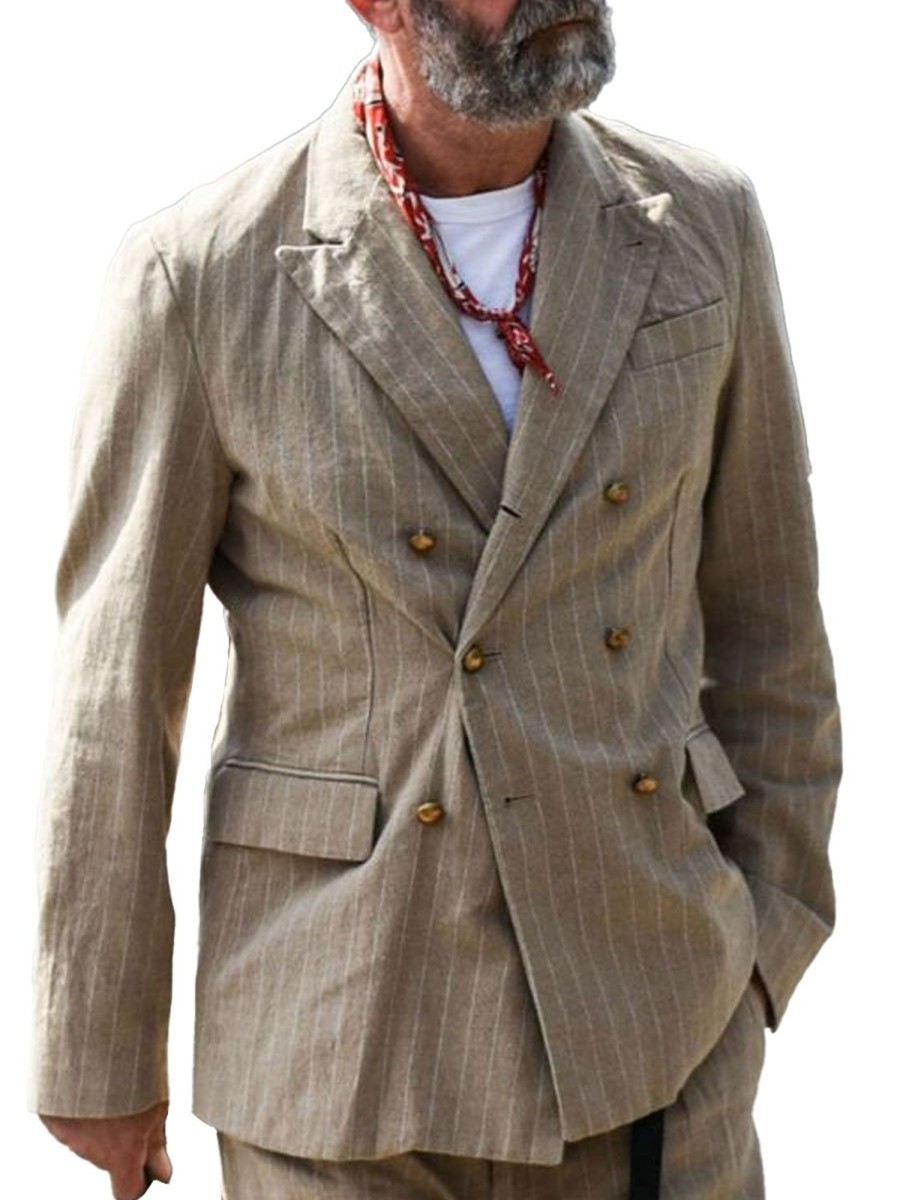 Men BXL Jacket | Men'S Cotton And Linen Striped Double-Breasted Casual Blazer Khaki