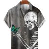 Men HLJ Shirts | Butterfly And Skull Print Short Sleeve Shirt Grey