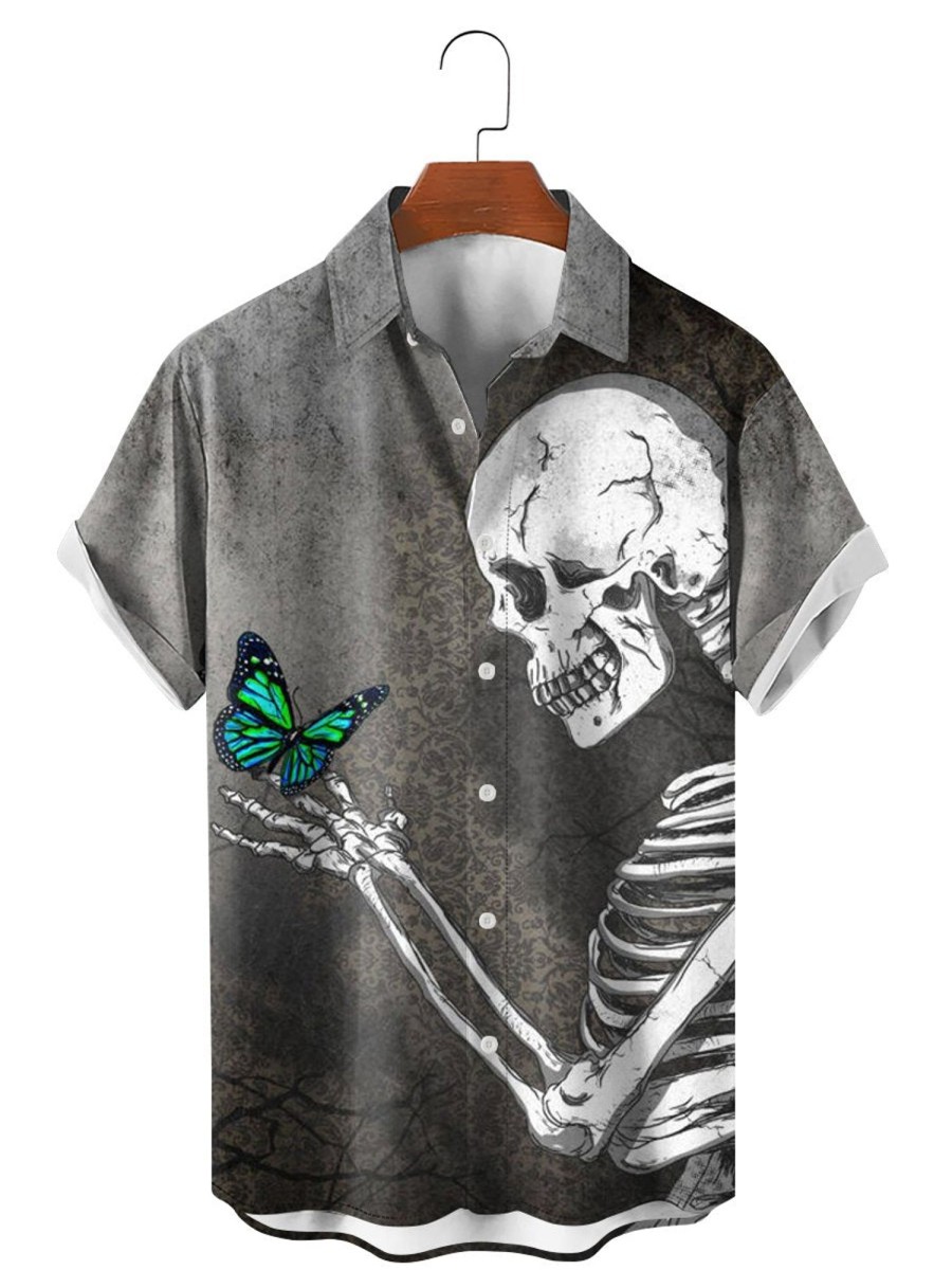 Men HLJ Shirts | Butterfly And Skull Print Short Sleeve Shirt Grey