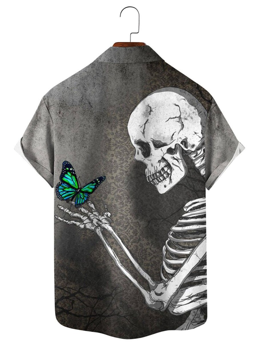 Men HLJ Shirts | Butterfly And Skull Print Short Sleeve Shirt Grey