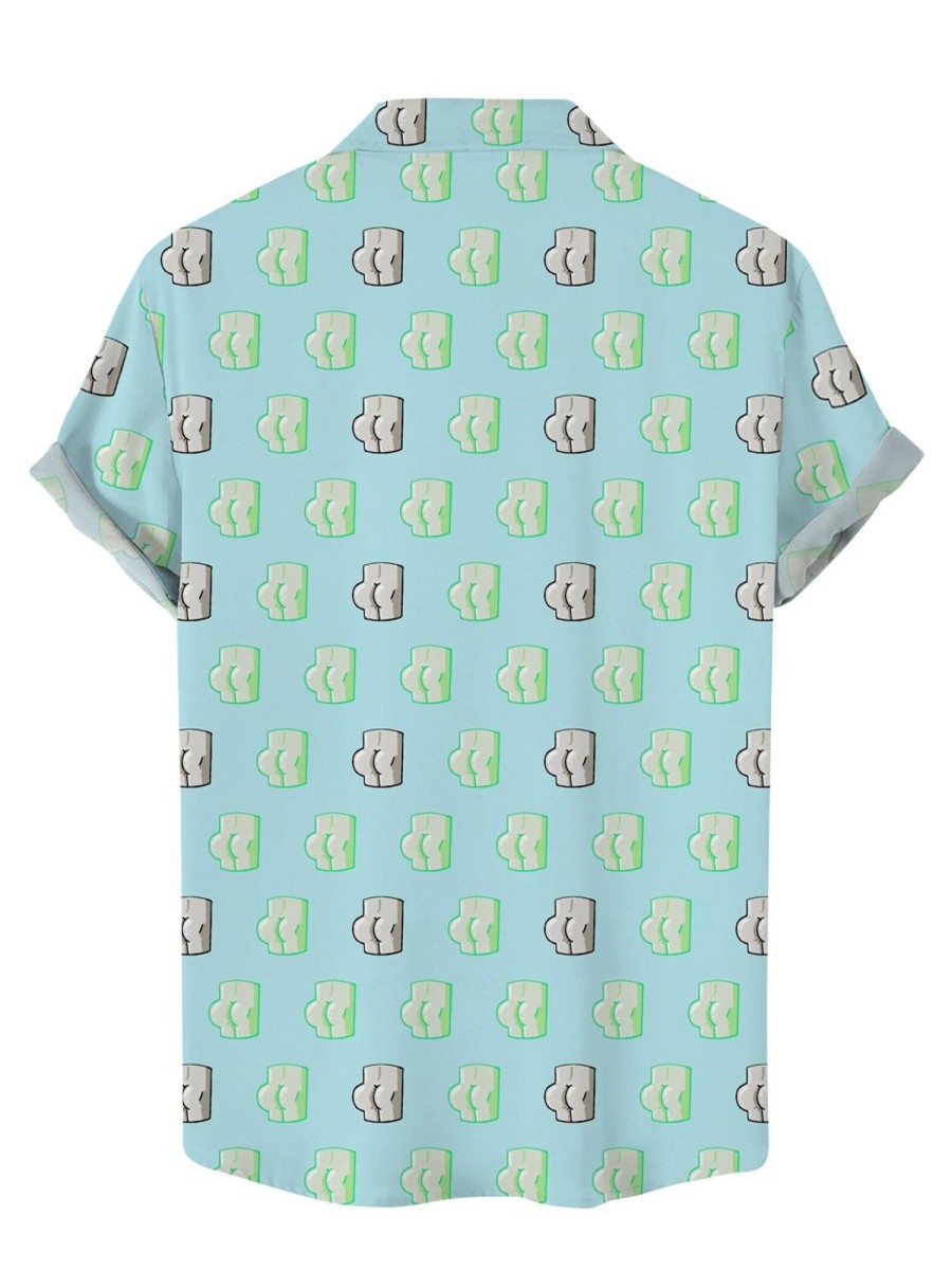 Men DJ Shirts | Fun Butt Print Casual Short Sleeve Shirt Blue