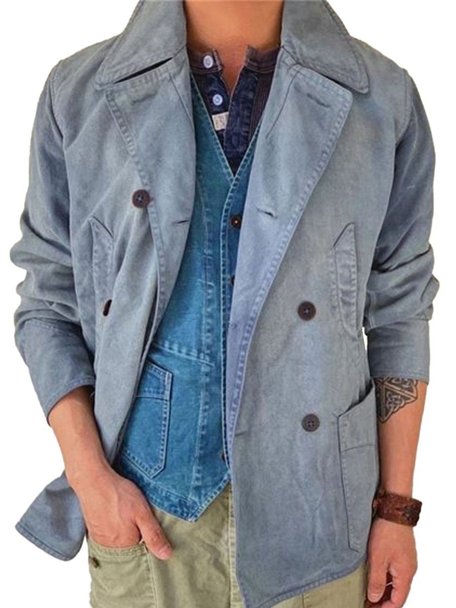 Men DJ Jacket | Vintage Lapel Four-Pocket Double-Breasted Denim Jacket Blue