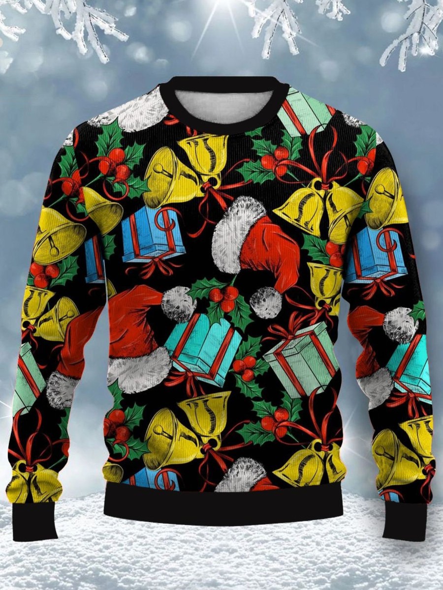 Men DJ Ugly Sweater | Christmas Gift Print Casual Crew Neck Sweatshirt Photo Color