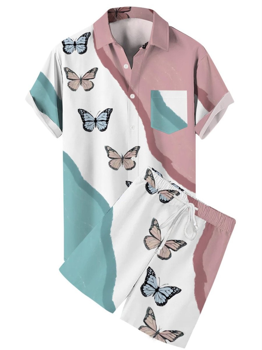 Men DJ Set | Men'S Butterfly Print Short Sleeve Set Pink