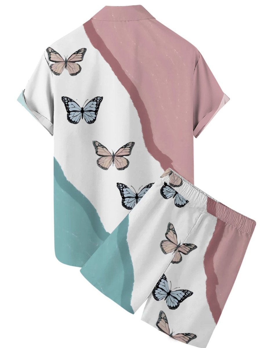 Men DJ Set | Men'S Butterfly Print Short Sleeve Set Pink