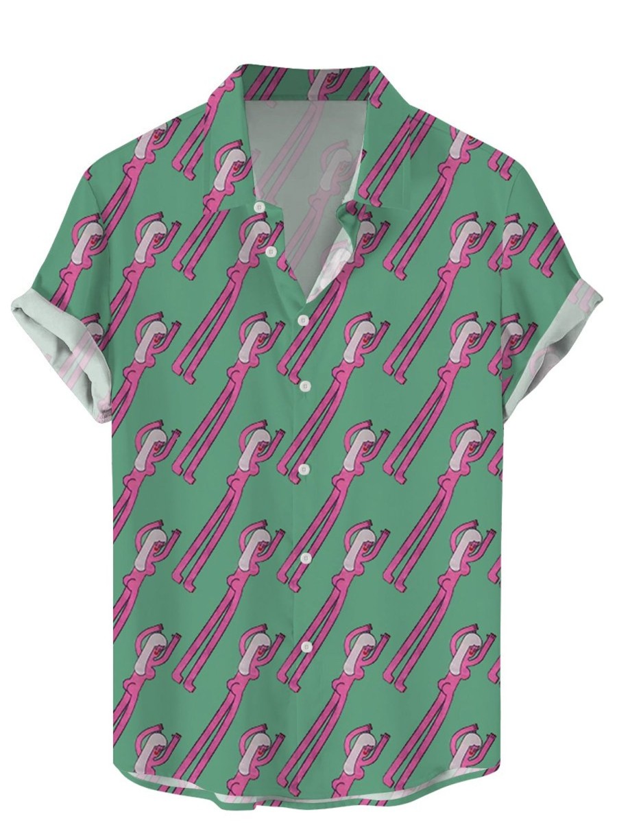 Men DJ Shirts | Fun Long Leg Girls Print Casual Short Sleeve Shirt Green