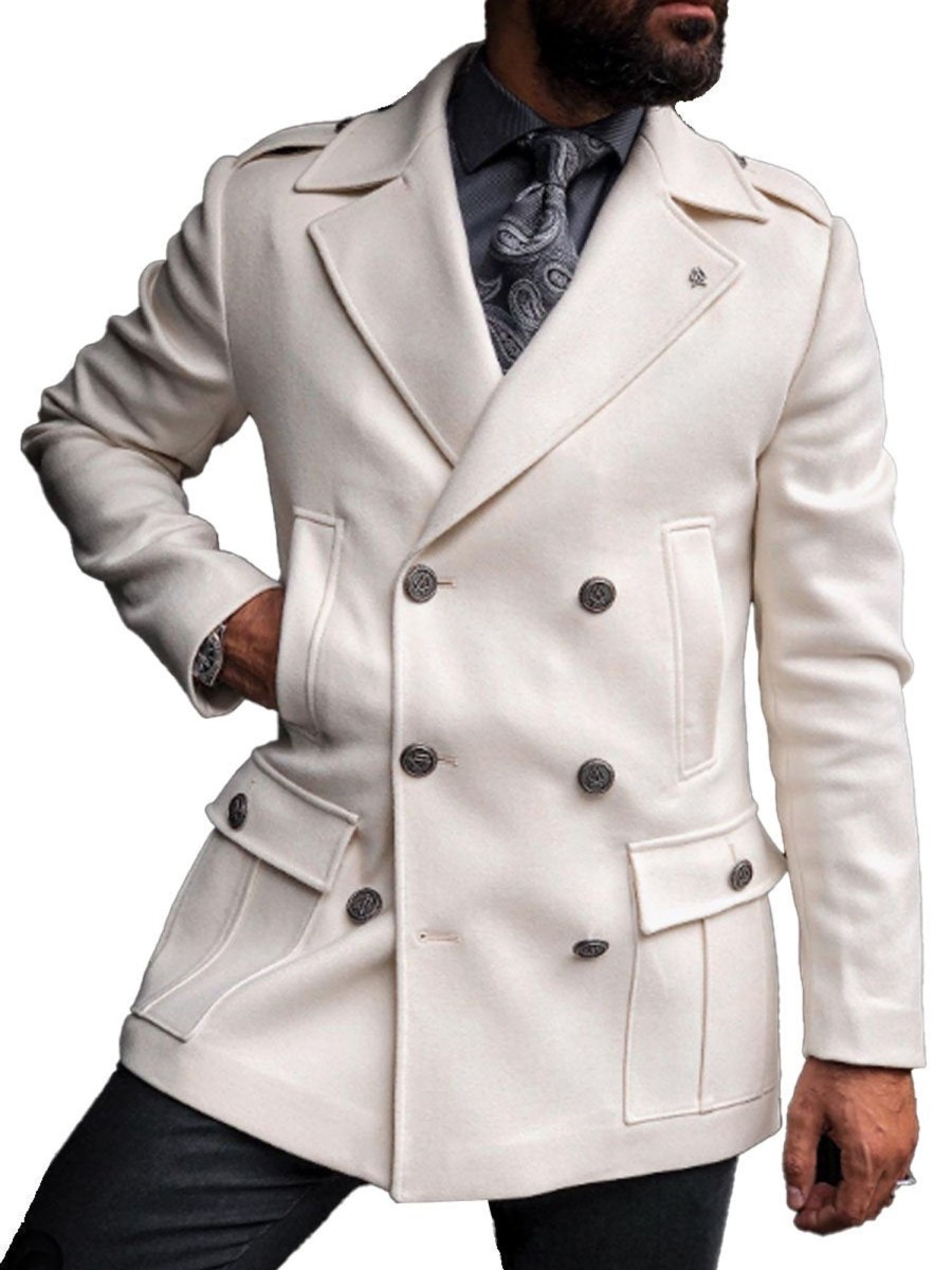 Men DJ Jacket | Solid Color Lapel Multi-Pocket Double-Breasted Coat White