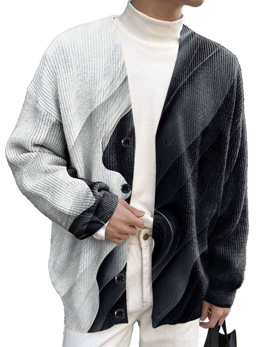 Men BXL Print Cardigan | Men'S Casual Retro Gradient Button Knitted Cardigan Black