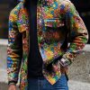 Men DJ Print Jacket | Vintage Floral Print Corduroy Lapel Pocket Jacket Photo Color