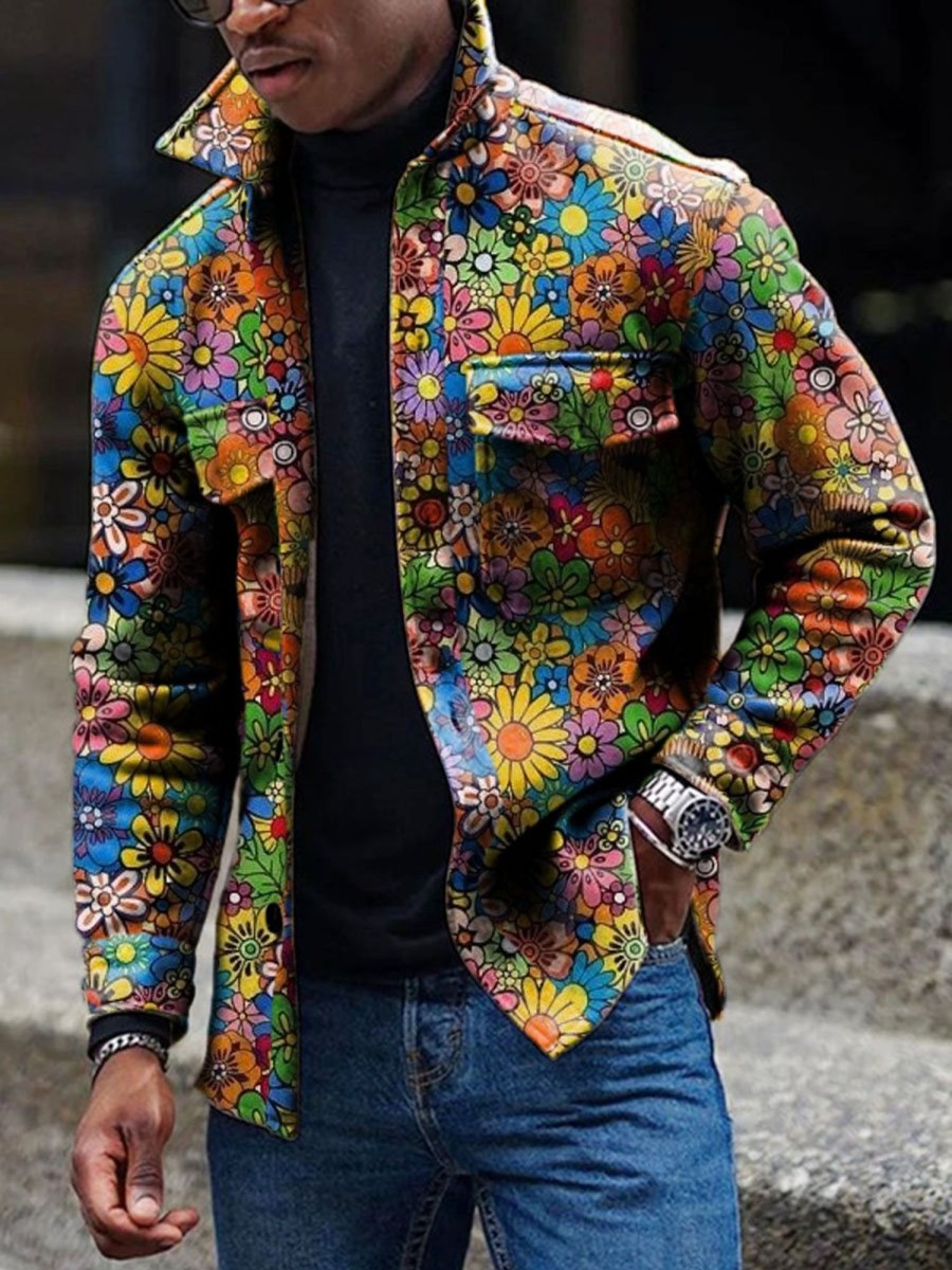 Men DJ Print Jacket | Vintage Floral Print Corduroy Lapel Pocket Jacket Photo Color