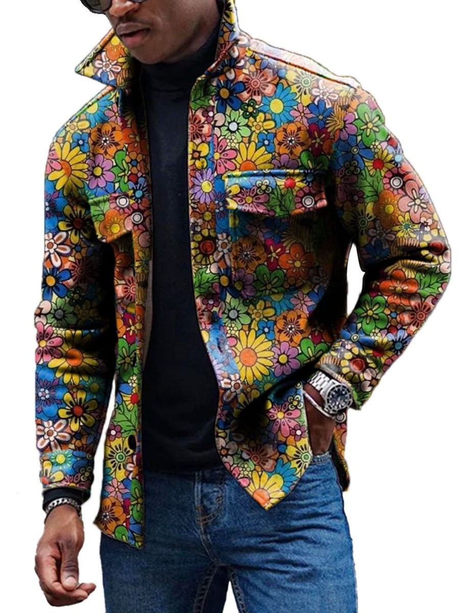 Men DJ Print Jacket | Vintage Floral Print Corduroy Lapel Pocket Jacket Photo Color