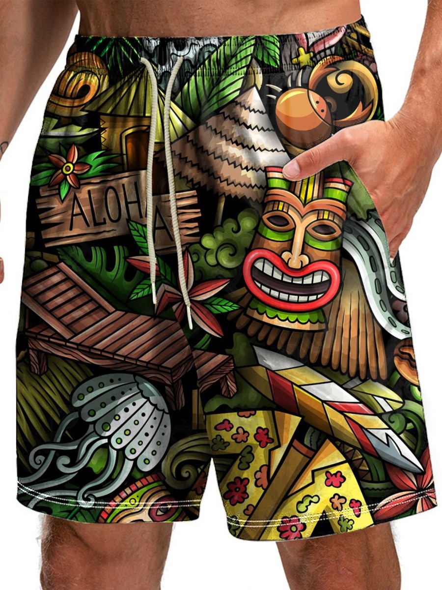 Men HLJ Shorts | Hawaiian Tiki Bar Beach Shorts Brown