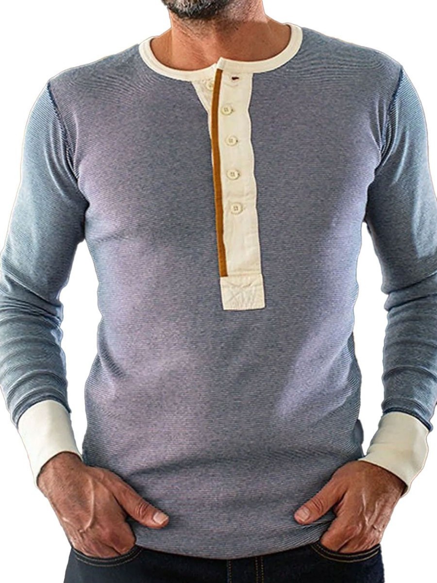 Men BXL Casual Long Sleeve Shirts | Men'S Half Round Neck Casual Color Block Long Sleeve T-Shirt Blue Gray