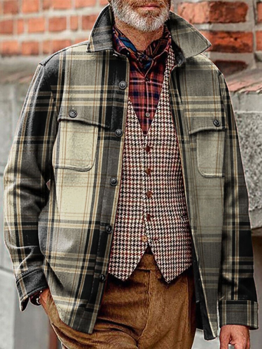 Men BXL Jacket | Men'S Casual Lapel Vintage Check Print Double Pocket Jacket 38398756Xl Khaki