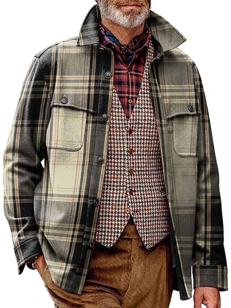 Men BXL Jacket | Men'S Casual Lapel Vintage Check Print Double Pocket Jacket 38398756Xl Khaki