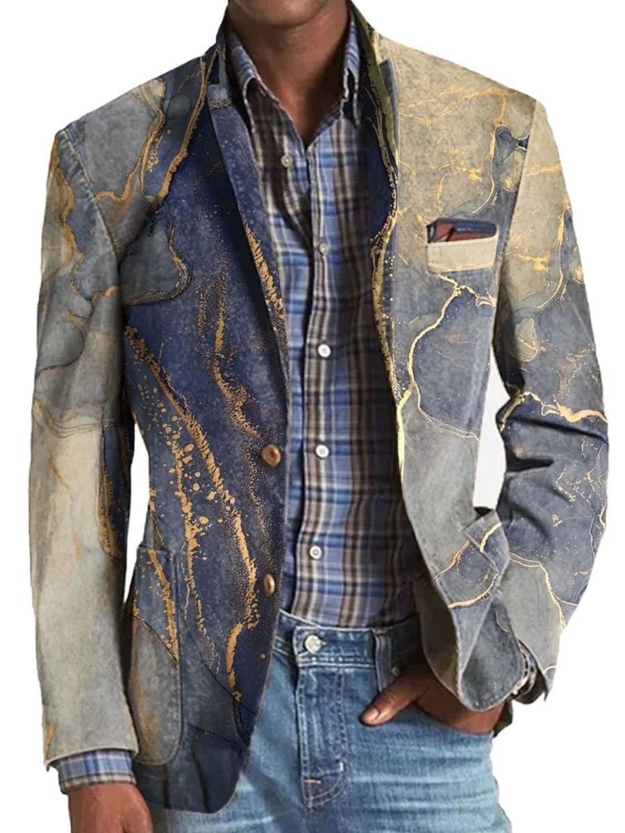 Men BXL Print Jacket | Men'S Marbled Gold Printed Pocket Blazer Photo Color