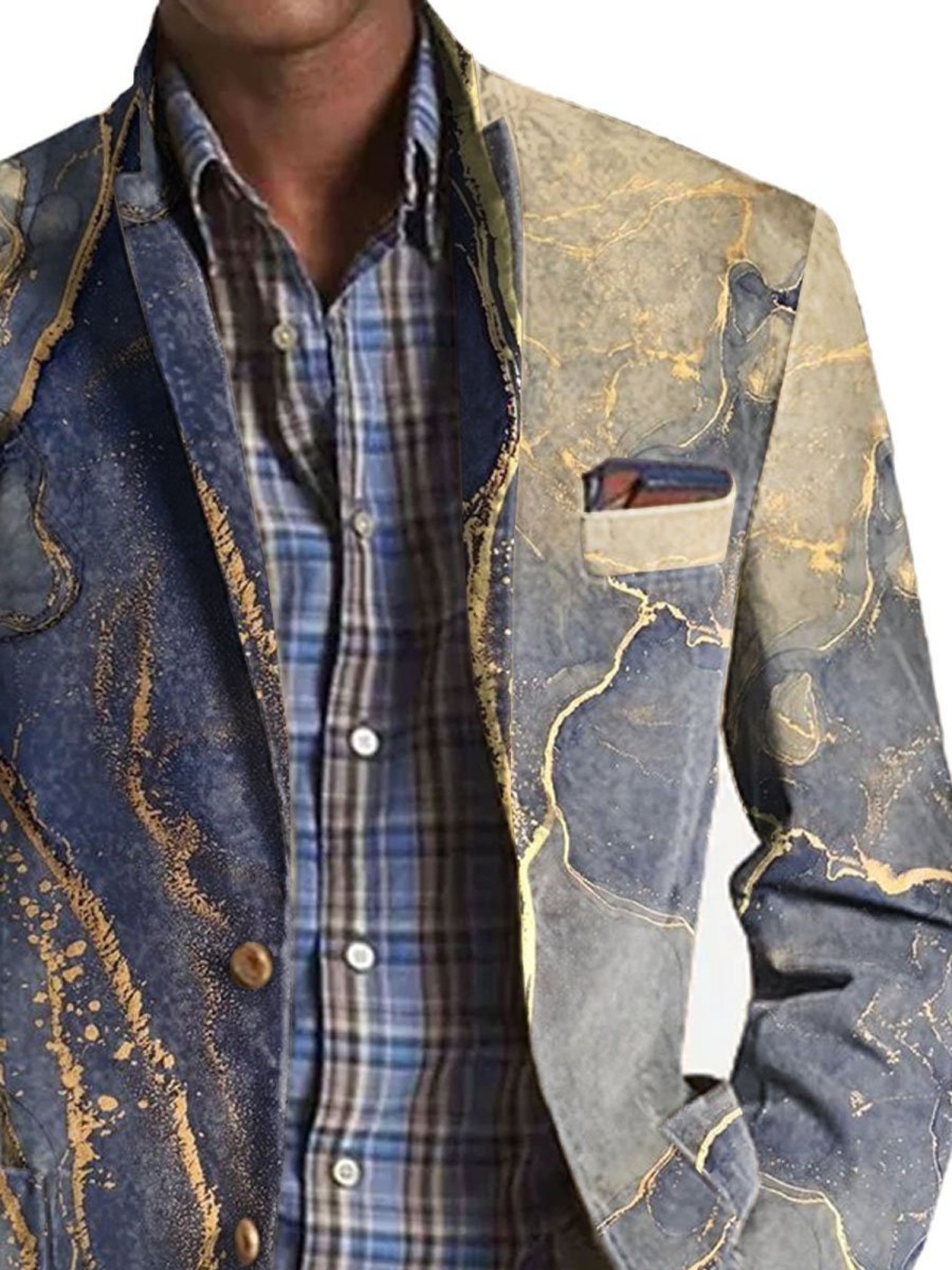 Men BXL Print Jacket | Men'S Marbled Gold Printed Pocket Blazer Photo Color