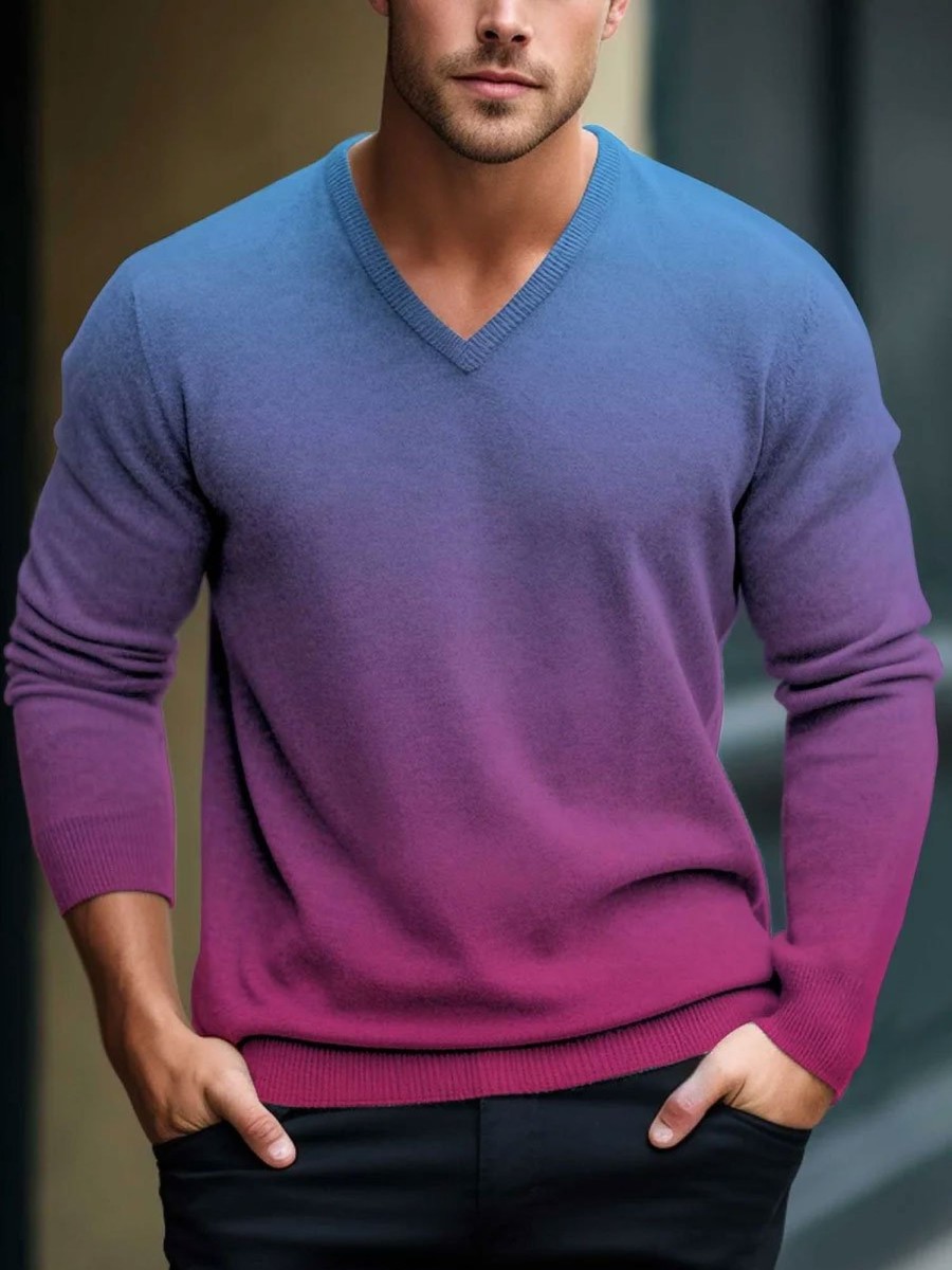 Men BXL Print Sweater | Men'S Gradient Long Sleeve Knitted V-Neck Pullover Sweater Photo Color