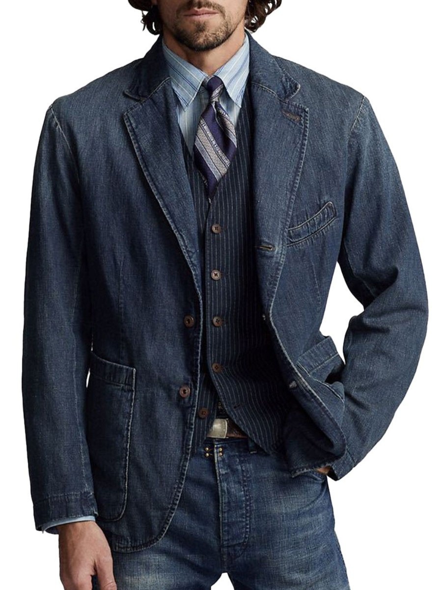 Men QMY Jacket | Vintage Three-Pocket Washed Denim Blazer Blue