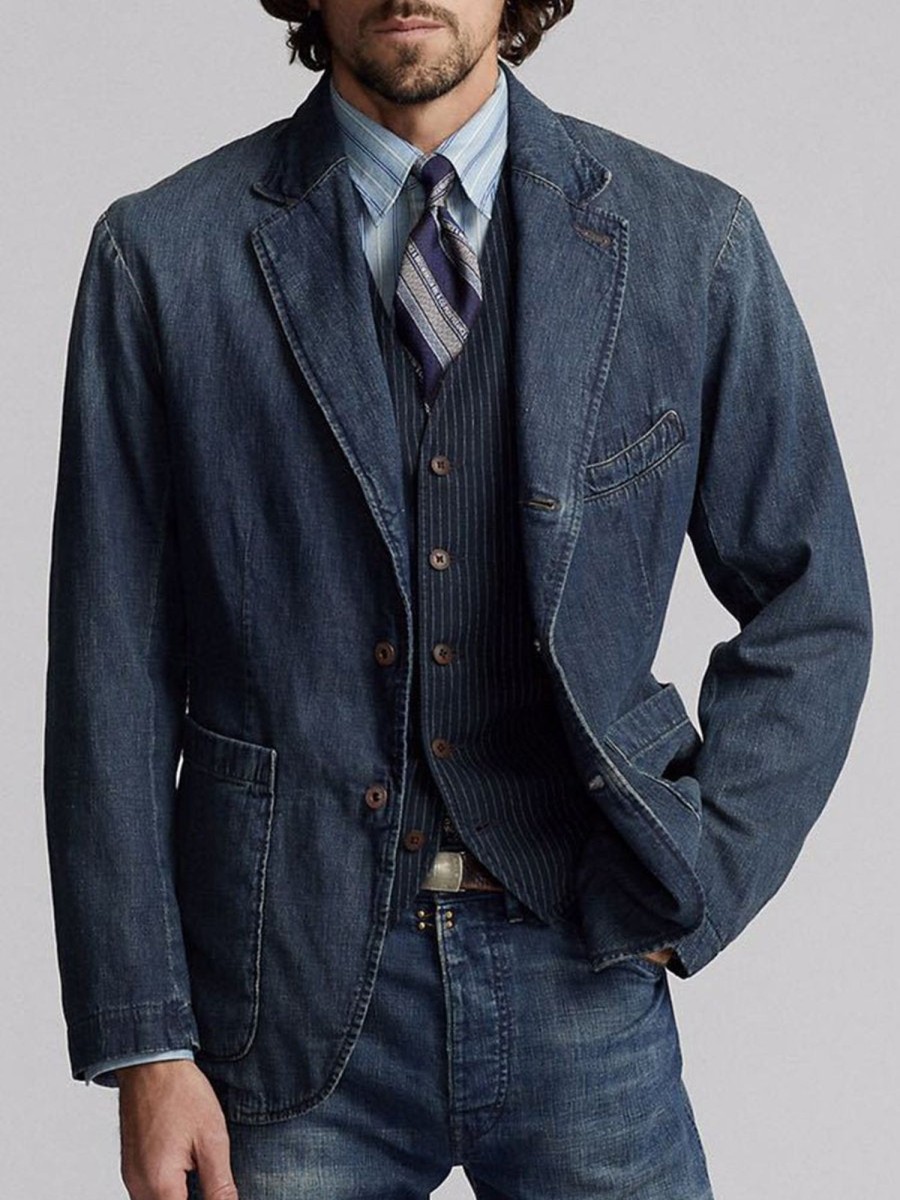 Men QMY Jacket | Vintage Three-Pocket Washed Denim Blazer Blue