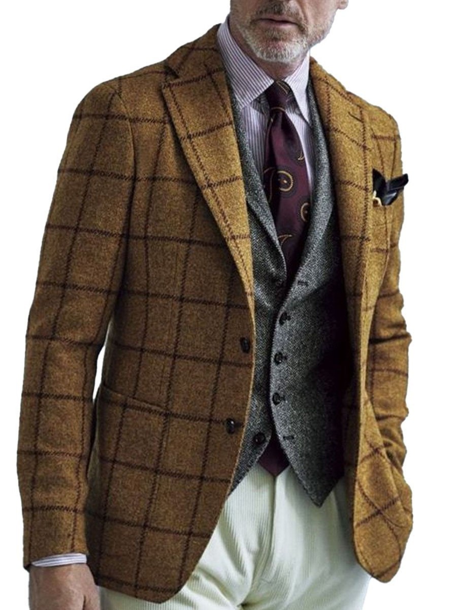 Men DJ Jacket | Lapel 3-Pocket Single-Breasted Plaid Woolen Blazer Orange