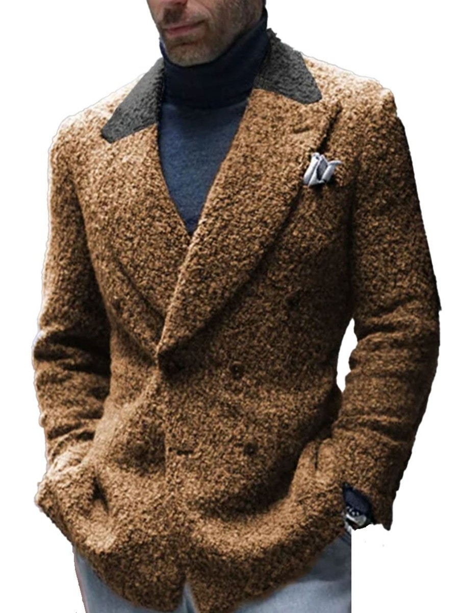 Men DJ Jacket | Vintage Sherpa Contrast Stitching Double Pocket Casual Retro Lapel Blazer Brown