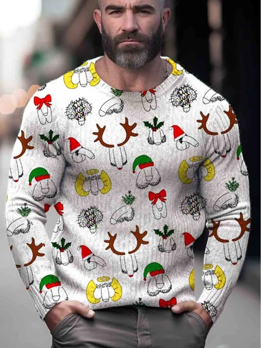 Men BXL Print Sweater | Ugly Christmas Dirty Christmas Lgbt Print Knit Pullover Sweater White